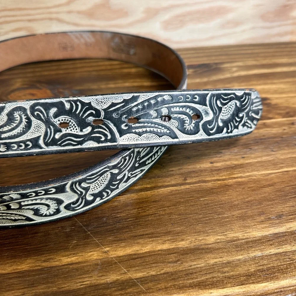 Vintage Top Grain Cowhide Western Belt Longhorn Buckle Black White Tooled 42